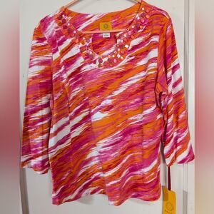 Ruby Rd. Pink, Orange & White Patterned 3/4 Sleeve Top with Embellished Neck